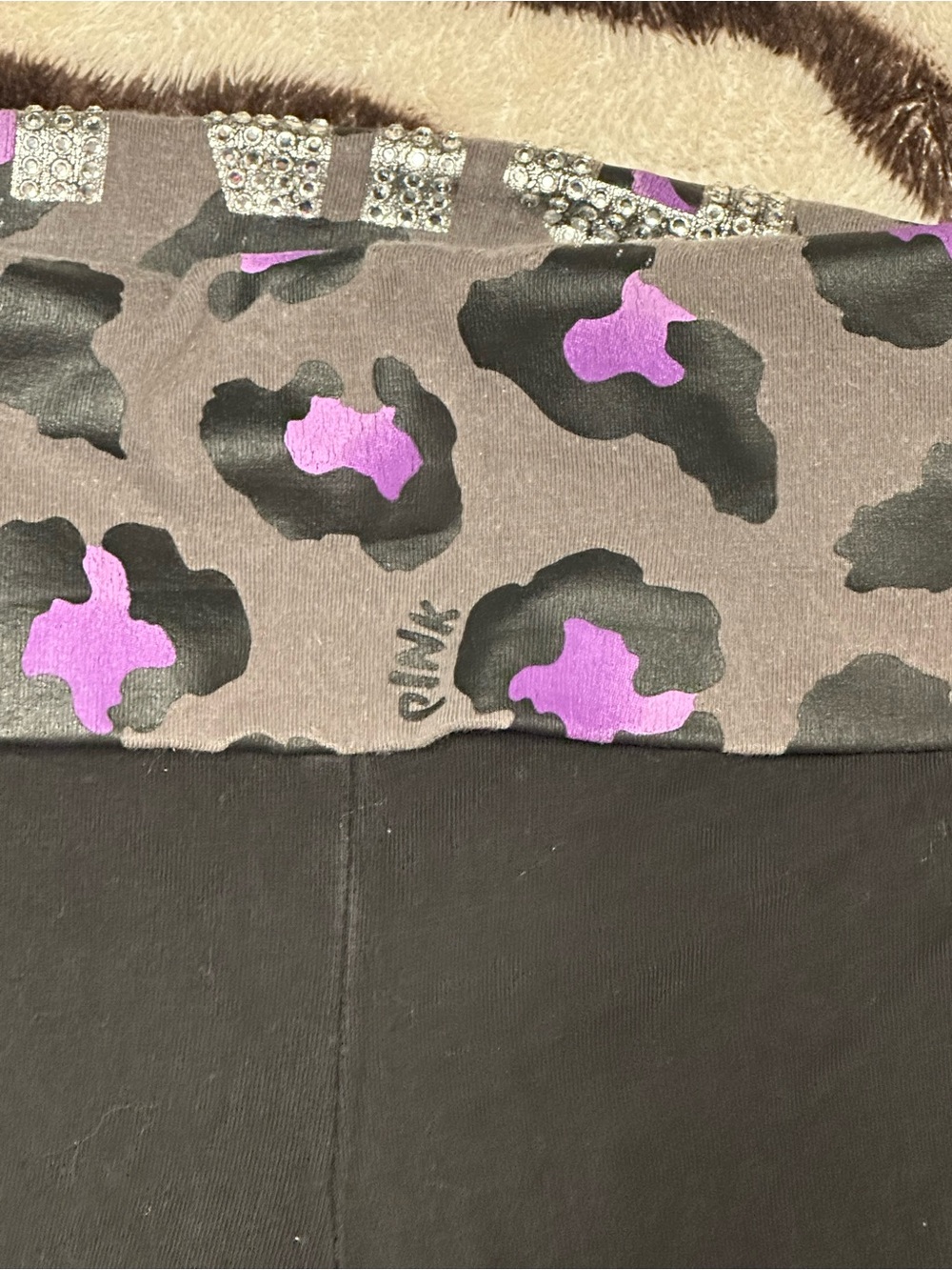 PINK Victoria's Secret Black Yoga Pants with Purple Leopard Fold-Over Waistband - Picture 2 of 5
